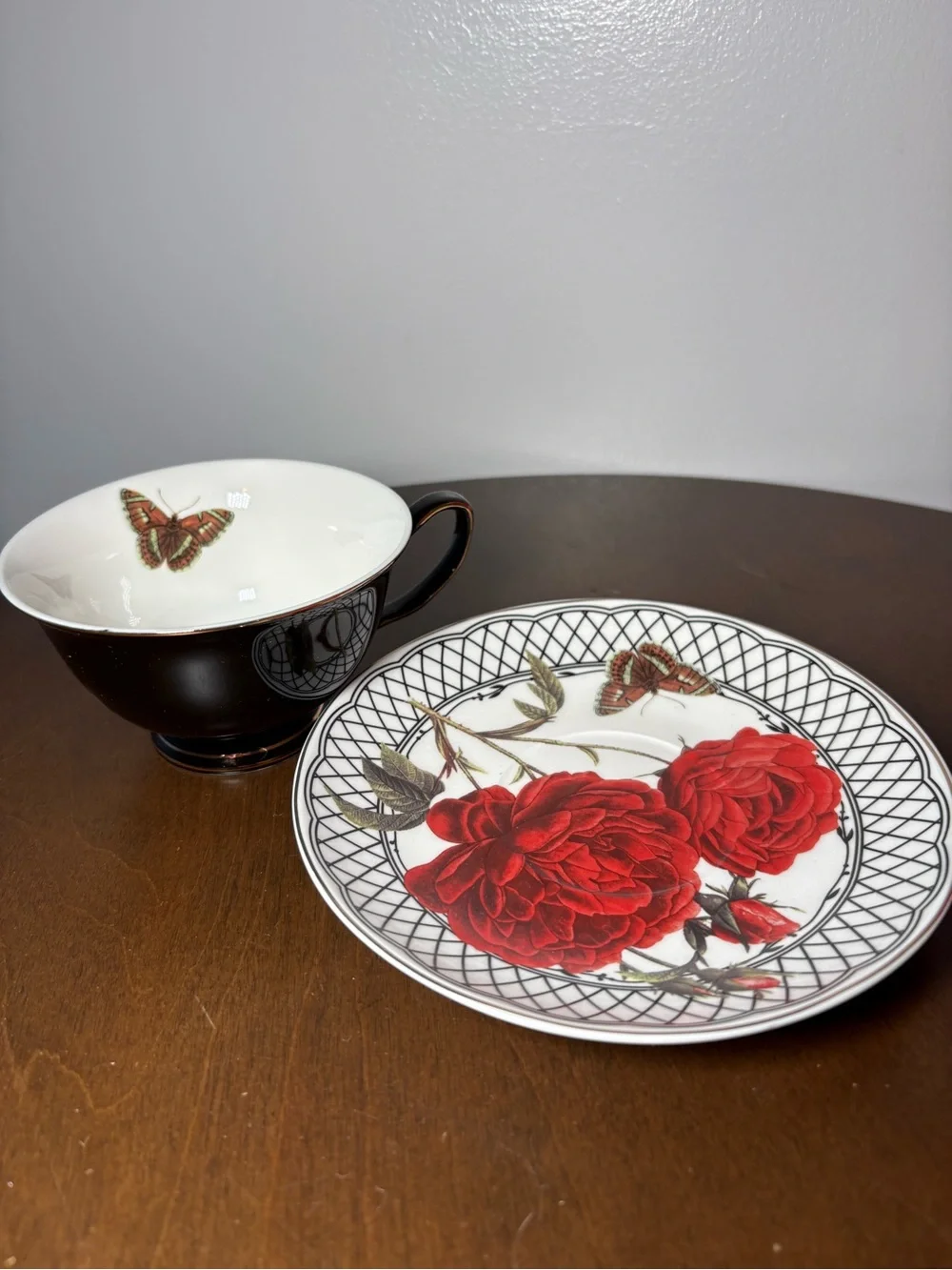 Red Rose Porcelain Teacup and Saucer Set with Butterfly Accent